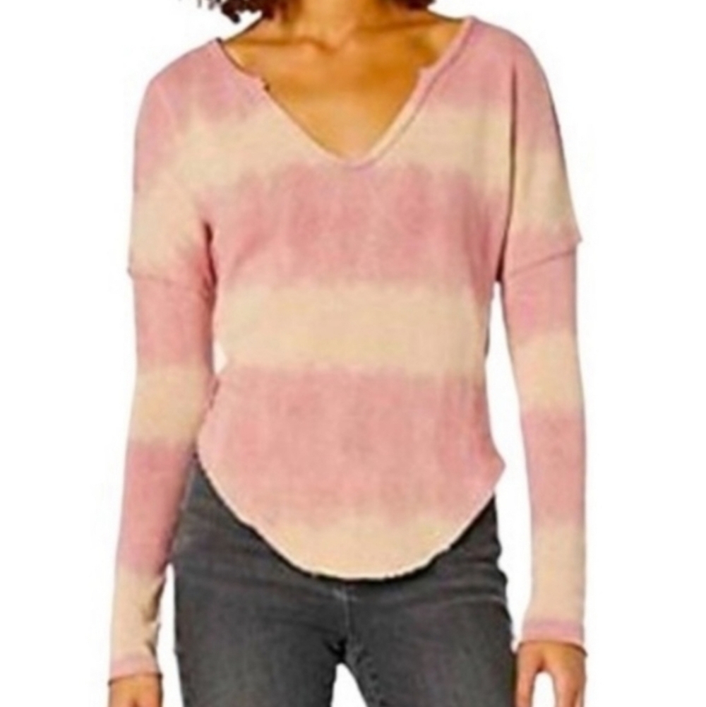 We the Free "Come and Get it" Striped V-Neck Longsleeve Thermal Size Small Pink